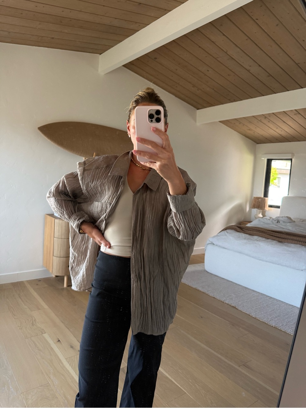 Taupe Crinkle Button-Up Shirt Jacket